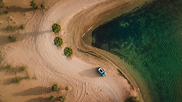 Aerial shot of a sandy beach, water, and parked car in Dubai.